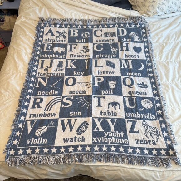 Vintage Blue/White Cotton Alphabet Tapestry Blanket Baby Toddler Nursery Decor - Picture 3 of 6